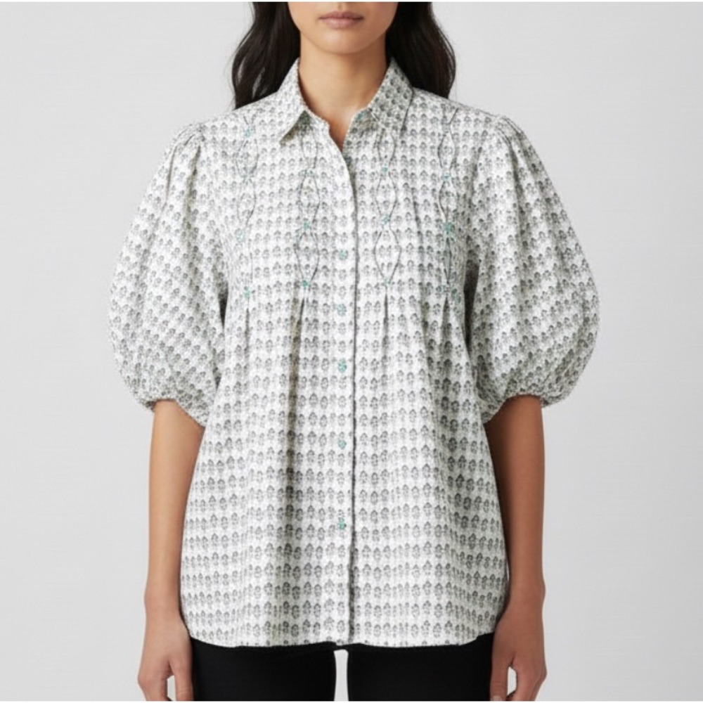 OH MY STARS Layerz Clothing PINTUCK PEASANT BLOUSE TOP Beaded Buttons Ivory SZ M